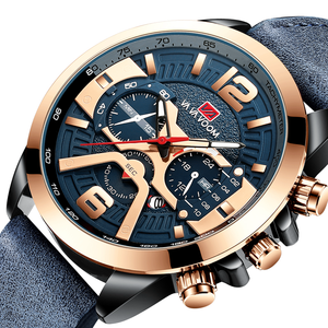 Reloj cronógrafo de lujo para hombre con detalles en oro rosa y correa de cuero negra, reloj de pulsera deportivo - Product Image 2