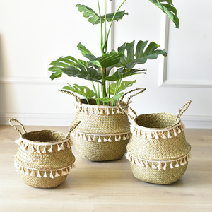 Straw Woven <b>Basket</b> With Tassels Round Handmade Storage <b>Basket</b> For Plants And Home Decor - Product Image 3