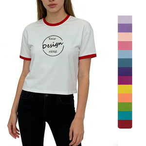 T-shirt court personnalisé pour femme, col contrastant, en jersey épais 100% coton de haute qualité, coupe ample, manches courtes, idéal pour l'été, vente en gros - Product Image 1