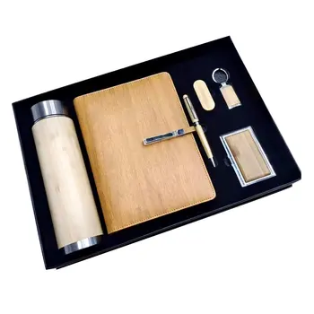 promotional Retro style bamboo boxed Gift Diary Water Bottle Pen custom logo keychain gift set