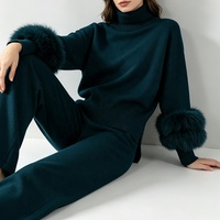 Tyan 2026 – Nouvelle collection automne-hiver : Pull en cachemire tricoté avec poignets en fourrure de renard véritable, couleur sarcelle, et pantalon long épais et chaud pour femme