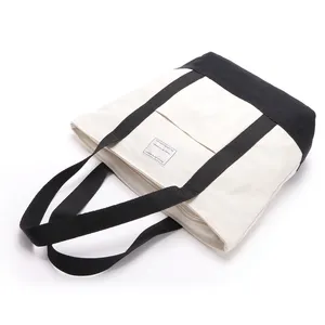 Reinforce Stitch Nature Recycle Cotton Canvas Picnic Tote Shopping Bag with Pockets
