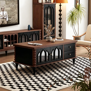 Vintage Gothic Wooden Coffee <b>Table</b> with Glass Doors & Drawers, <b>Storage</b> Living Room <b>Table</b> - Product Image 5