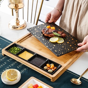 Nordic Restaurant Home Ceramic Snack <strong>Plate</strong> Western Square Ceramic Grid Steak <strong>Plates</strong> With <strong>Wood</strong> Base - Product Image 4