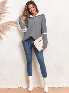 Custom Slim Cropped Long Sleeve Zip-up for <strong>Polo</strong> V-<strong>Neck</strong> Ribbed Knit Sweater Pullover <strong>Jumper</strong> Tops for Office <strong>Ladies</strong> in Winter - Product Image 3