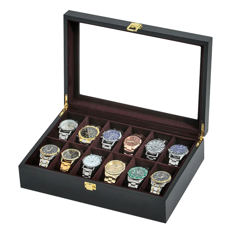 Manufacturer Watch Jewelry Case 12 Slot Women Men Black Leather Watch Box With Velvet Pillow