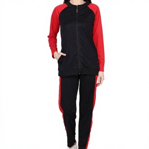 Women Color Block <b>Tracksuit</b> Full Sleeve Zipper Front Casual Sportswear With Side Pockets <b>Black</b> Red Autumn Wear - Product Image 1