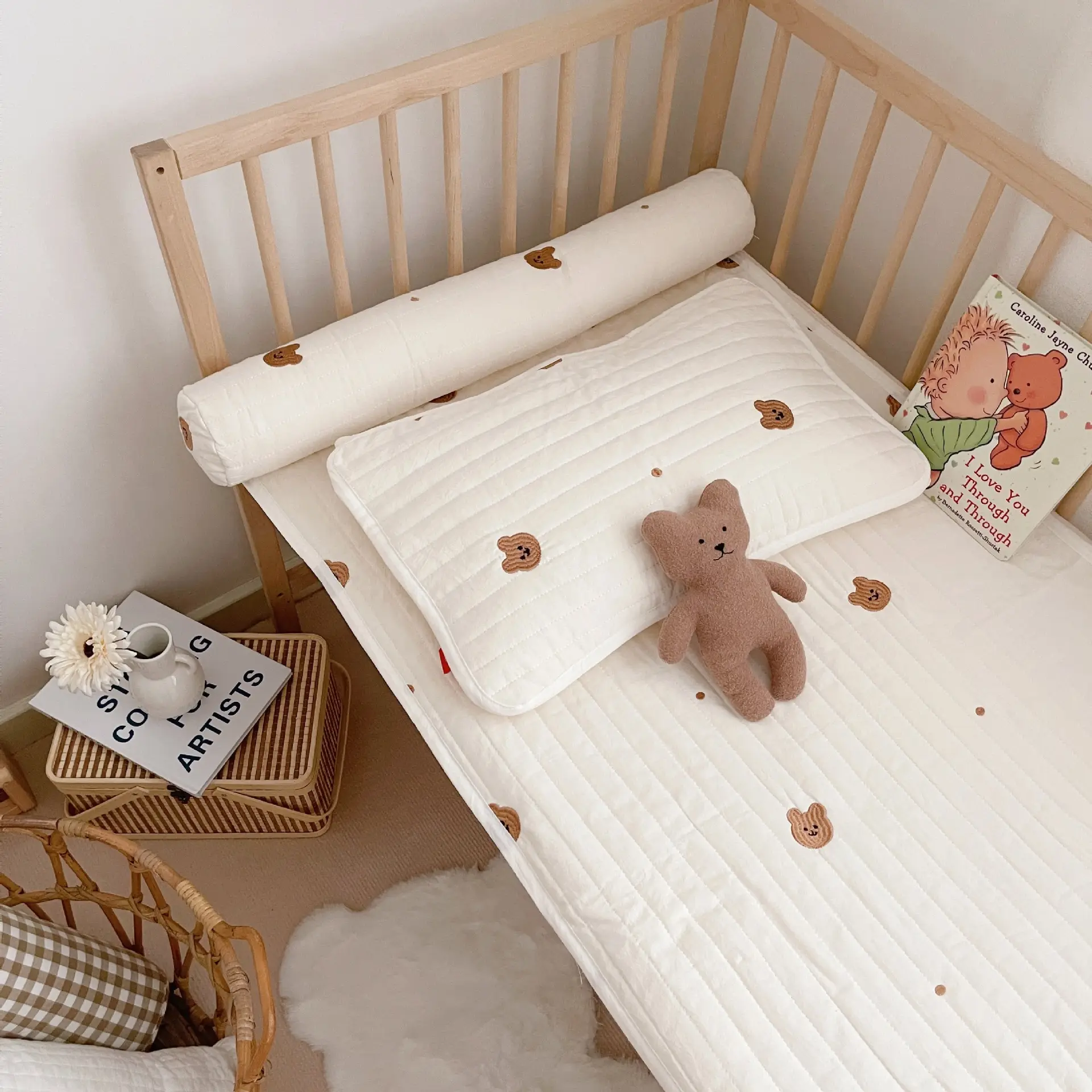 Jogo de cama com travesseiro para bebês, 3 peças, algodão, protetor para berço, conjunto de cama para meninos e meninas