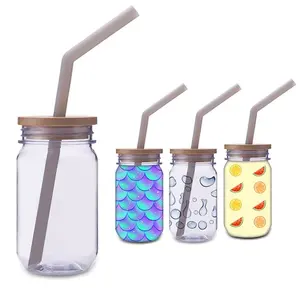 600ml 20oz double wall double layer plastic mason mug mason jar with handle  and straw