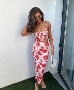 2024 Summer Floral Print <strong>Maxi</strong> <strong>Dress</strong> for Women Cut Out Sexy Halter Neck Floor-Length Knit Club Party Skirt for Vacation Beach - Product Image 4
