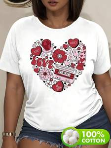Camiseta retro de los años 80 para mujer, camiseta informal de algodón suave con estampado de corazón rojo XOXO, manga corta, cuello redondo, color negro, para el día de San Valentín - Product Image 3