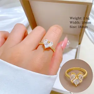 Anello A Cuore法式复古锆石戒指女式时尚可调彩色钻石开口心形戒指