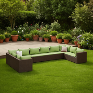 Ensemble de salon de jardin brun avec coussins verts, mobilier de jardin extérieur pour 10 personnes, design contemporain en rotin - Product Image 2