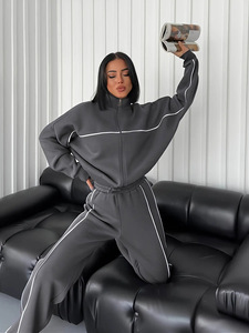 Özel Tasarım Kadınlar İçin Nefes Alabilen Ters Çevrilebilir Spor Giyim Seti Fermuarlı Antrenman Ceketi Bol Paça Pantolon Sonbahar Kış 2 Parça - Product Image 5
