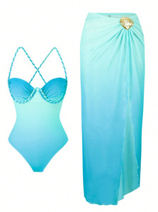 Ensemble de maillot de bain 2 pièces dégradé pour femme, monokini une pièce à bretelles torsadées avec jupe longue en maille transparente, tenue de plage - Product Image 2