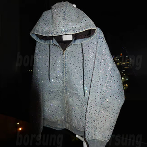 Op maat gemaakte jas met strass steentjes, heren crystal streetwear oversized baggy applicatie patch, heren rits denim hoodie - Product Image 3