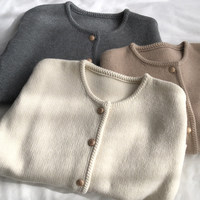 Cardigan en tricot pour femme, couleur unie, boutons dorés, style simple, pour le printemps, anti-boulochage, veste courte, col rond, manches longues