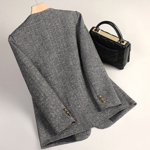 Women's Grey <b>Herringbone</b> Wool Blazer <b>Jacket</b> Autumn Winter Casual Thickened Anti Shrink Pocket Design - Product Image 3