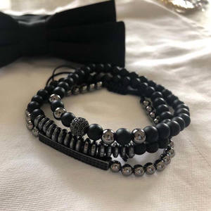 Conjunto de pulsera de cuentas de moda para hombre al por mayor pulsera larga OVNI Bola de circonita con incrustaciones de hematita mate negro - Product Image 3