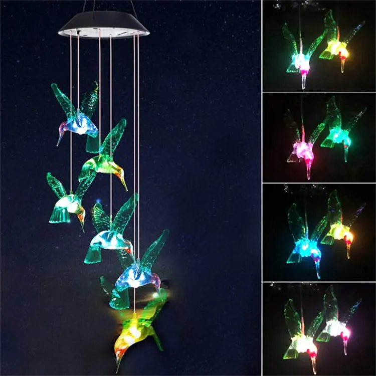 Color Changing Hanging Solar Led String Lights Decorative Light Hummingbird Wind Chime Light For Home Decor