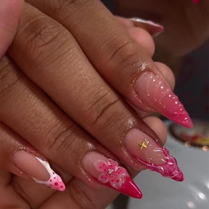 Uñas Postizas de Alta Calidad con Diseño de Corazón <span class=keywords><strong>Rosa</strong></span> y Blanco, Uñas Artificiales Lindas y Dulces - Product Image 1