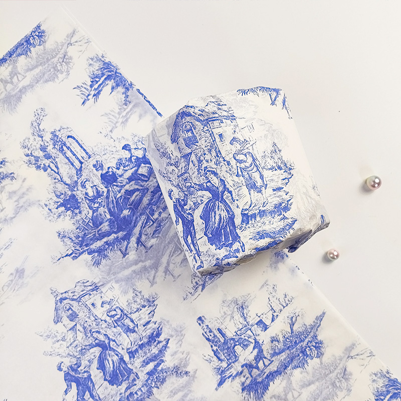 Escena vintage de porcelana azul y blanca.