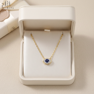 High Quality Luxury Fine Jewelry 18K Solid Yellow Gold Sapphire Eye Pendant With Round Diamond Halo For Women's Everyday Wear - Product Image 4