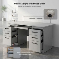 Bureau de travail moderne en métal de 140 cm avec 6 tiroirs, gris et blanc, en acier, avec plateau pour clavier et 3 passages pour câbles