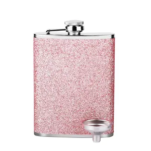 Wholesale Bling 8oz Mini Cute 304 portable stainless steel Glitter and Stainless Steel Pink Hip Flask for Women