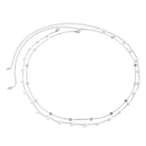 Ensemble de 2 chaînes de taille superposées en acier inoxydable avec perles pour femmes |   Chaîne réglable plaquée or avec perles et disques plats |   Soirée tendance - Product Image 3