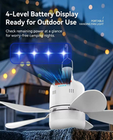 Ventilateur de plafond rechargeable en ABS avec lumières LED, télécommande détachable, 5 pales, 3 vitesses, fonctionnement silencieux et intensité réglable