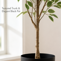 Arbre artificiel en ficus variegatus de 1,20 m, feuillage vert crème avec bordure blanche, plante en soie avec pot noir pour la décoration de boutique