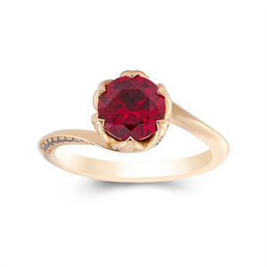 Anello da <span class=keywords><strong>Donna</strong></span> Trendy per Matrimonio in Oro 18K con Rubino Sintetico Rotondo Incastonato a Fiore, Vendita Calda - Product Image 1