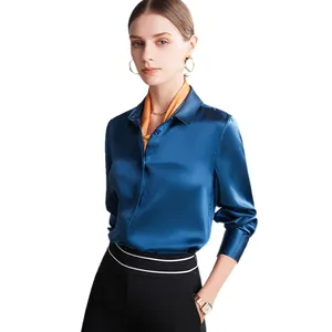 Manufacturer Provides Plain Color Comfortable and Breathable Blue Silk Blouse for Women