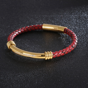 KALEN ファッション ステンレススチール ラインストーン レッドレザー ユニセックス ブレスレット - Product Image 2