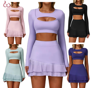 <span class=keywords><strong>2</strong></span> पीसी टेनिस योग स्कर्ट ने महिलाओं को छोटे स्लीव होल आउट किया स्पोर्ट्स पॉकेट हाई कमर से भरा खेल फिटनेस गोल्फ डांस सूट - Product Image 1