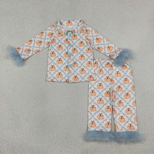 Ensemble pyjama d'automne pour bébés filles, chemise à manches longues en fourrure avec boutons en forme de fleurs et de citrouilles, pantalon - Product Image 1