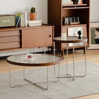 MUU Salon moderne Design en verre Combinaison latérale en bois Table basse Forme ronde Ensemble de tables à thé polyvalent