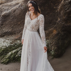 Hippie Beach Boho opation Photoshoot abito da sposa scollo a V in pizzo Chiffon a linea di mare 2021 manica lunga di grandi dimensioni abito da sposa - Product Image 3