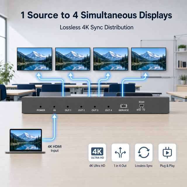 4K60 HDMI Splitter 1 in 4 Out 18Gbps with EDID STD and TV Mode for Digital Signage and Conference Room
