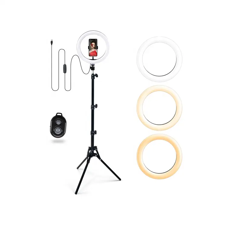 Studio fotografi portabel 10 inci, lampu cincin LED Selfie riasan kecantikan dapat diisi ulang untuk ponsel dengan Tripod