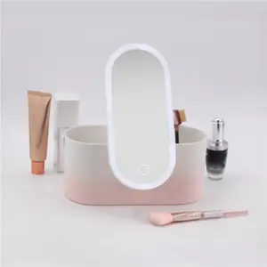 Kotak penyimpanan Makeup kosmetik profesional, dengan lampu LED, kotak Organizer Makeup