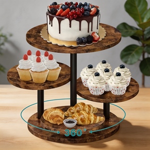 360 Derece Dönebilen Yuvarlak Üç Katlı Ahşap Parti Etkinlikleri Düğün Kulesi Döner Pasta Sunum Standı Seti, 50 Cupcake'lik Katmanlı Tepsi ile - Product Image 1