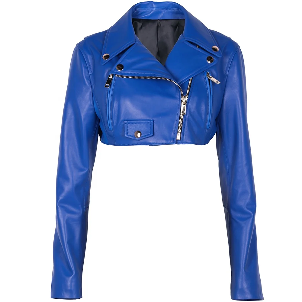 2024 Autumn Blue Motorcycle Short Leather Jacket - Real