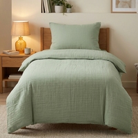 Housse de couette en coton mousseline lavé gris pour lit simple, avec taie d'oreiller vert sauge pour adolescents