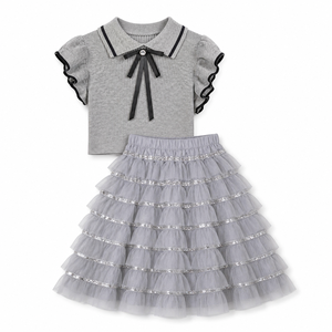 Completo Estivo Elegante per Bambine, 2 Pezzi: Top in Maglia con Volant e Gonna in Tulle, Poliestere e Cotone, Personalizzabile OEM con Etichetta Privata - Product Image 1