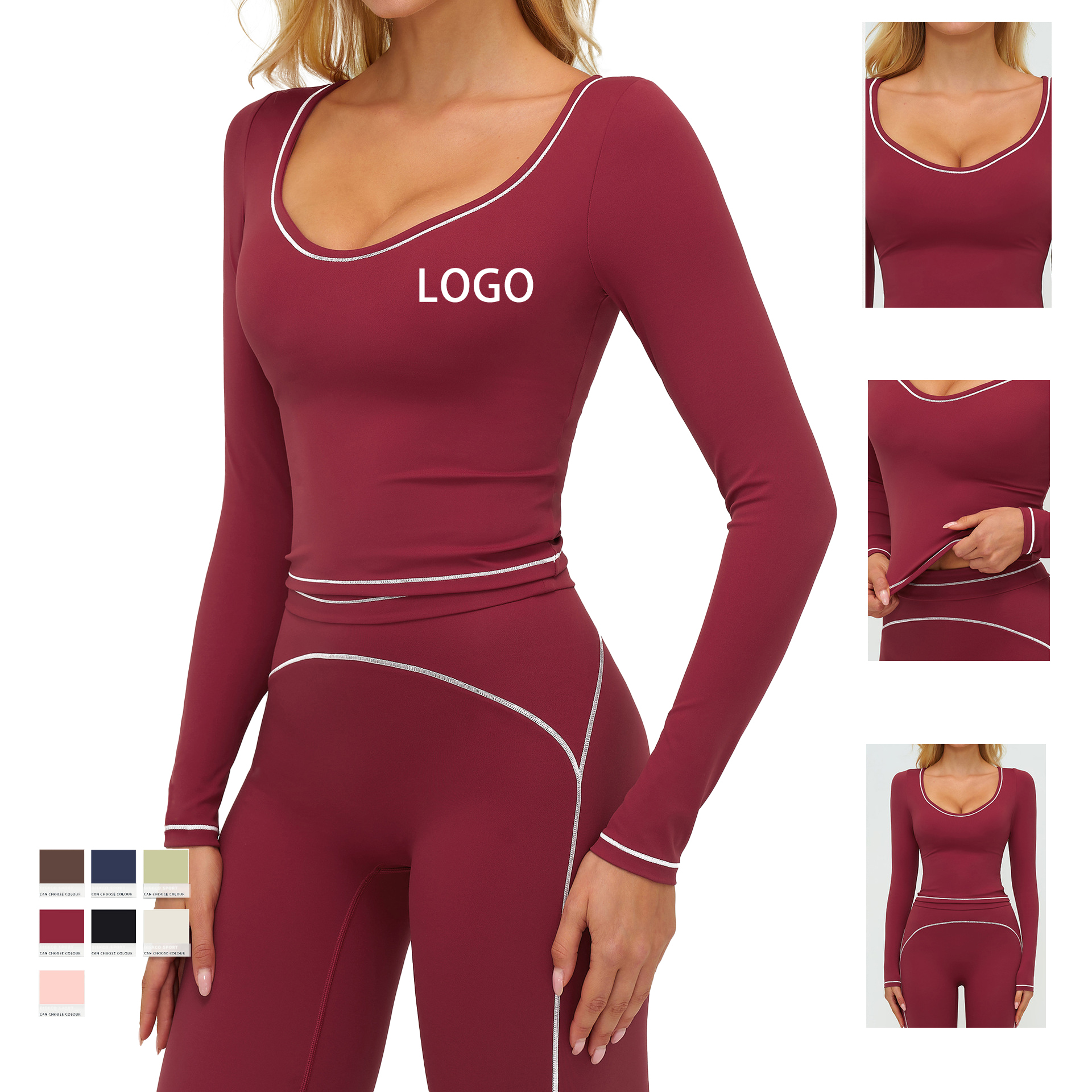 Custom Long Sleeve Yoga Top Women Brushed Slim Fit Color Block Running Fitness Sports T Shirt OEM ODM