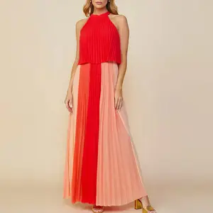 clothing manufacturer Custom 2023 summer chiffon sleeveless folds maxi bright color vacation casual dresses women lady elegant