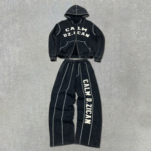 ชุดวอร์มแนวสตรีทไซส์ใหญ่พิเศษชุดวอร์มเฮฟวี่เวทมีซิปคู่ชุดวอร์มปักลายกรดสำหรับผู้ชาย - Product Image 1