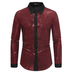 Ready to Ship Clubwear Dance Performance <strong>Shirts</strong> for <strong>Men</strong> Long Sleeve Shiny Glitter <strong>Sequin</strong> <strong>Shirt</strong> - Product Image 3